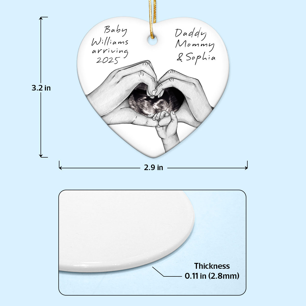 Pregnancy Baby Bump Christmas Tree Decoration, Last Christmas as a Family of 3, Baby Scan Photo Ceramic Ornament, Baby Arriving Next Year