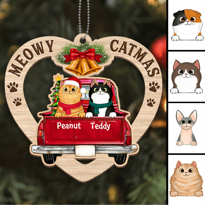 Heart Shape Peeking Cats In Christmas Truck Personalized Wooden Ornament