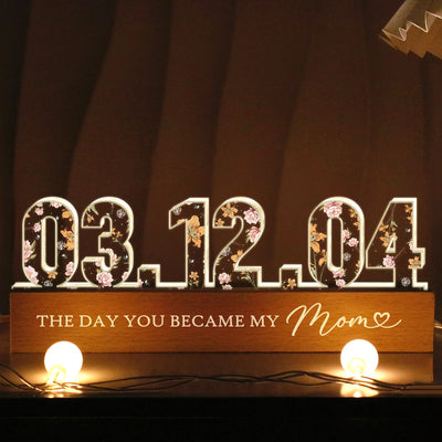 The Day You Became My Mom Birth Month Flower Personalized Acrylic Block LED Night Light, Mother's Day, Birthday Gift for Mom