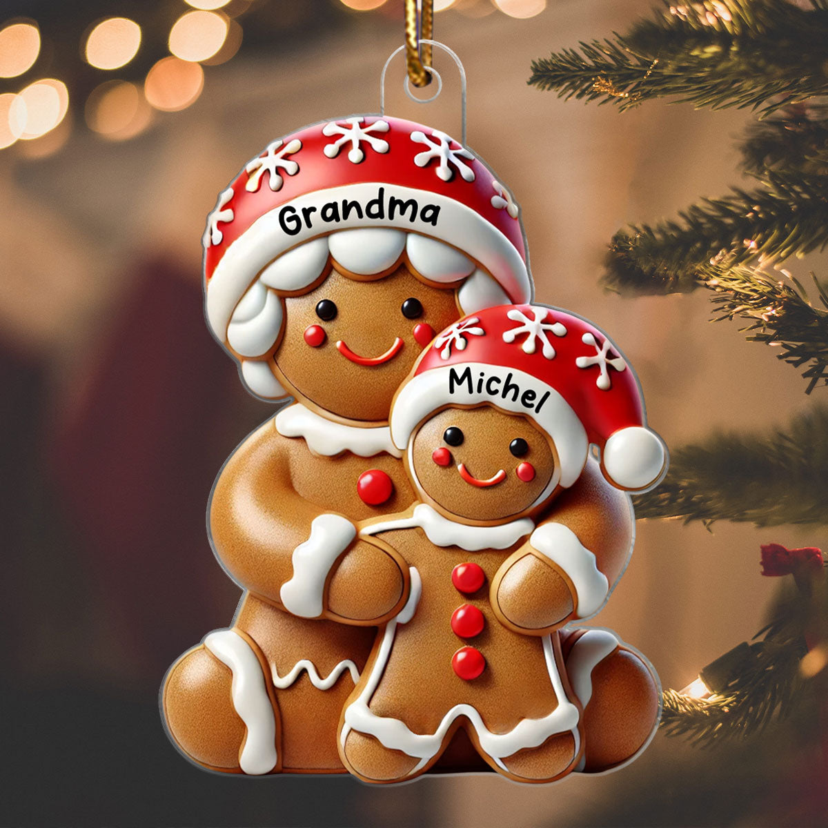 3D Effect Gingerbread Grandma Hugging Grandkid Christmas Personalized Acrylic Ornament, Gift For Granddaughter, Grandson