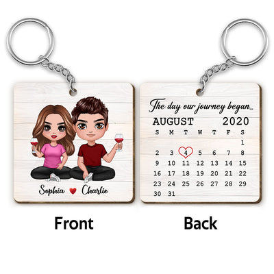 Doll Couple Sitting Calendar Anniversary Date Personalized Wooden Keychain