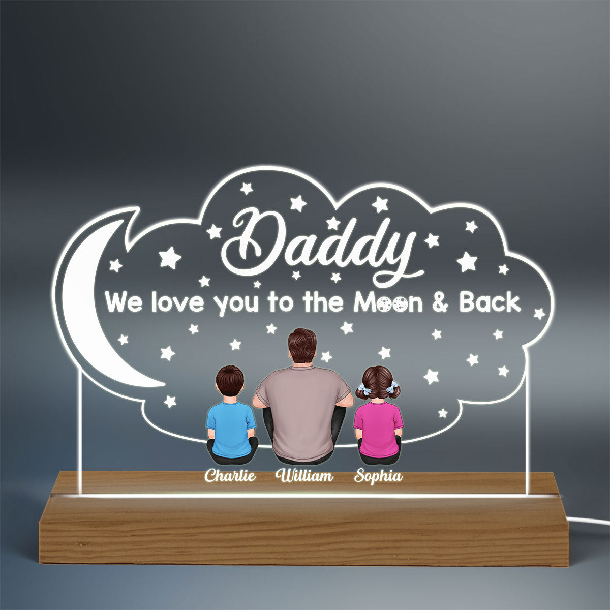 Love Dad To The Moon And Back Moon Star Personalized Custom Shape Warm LED Night Light