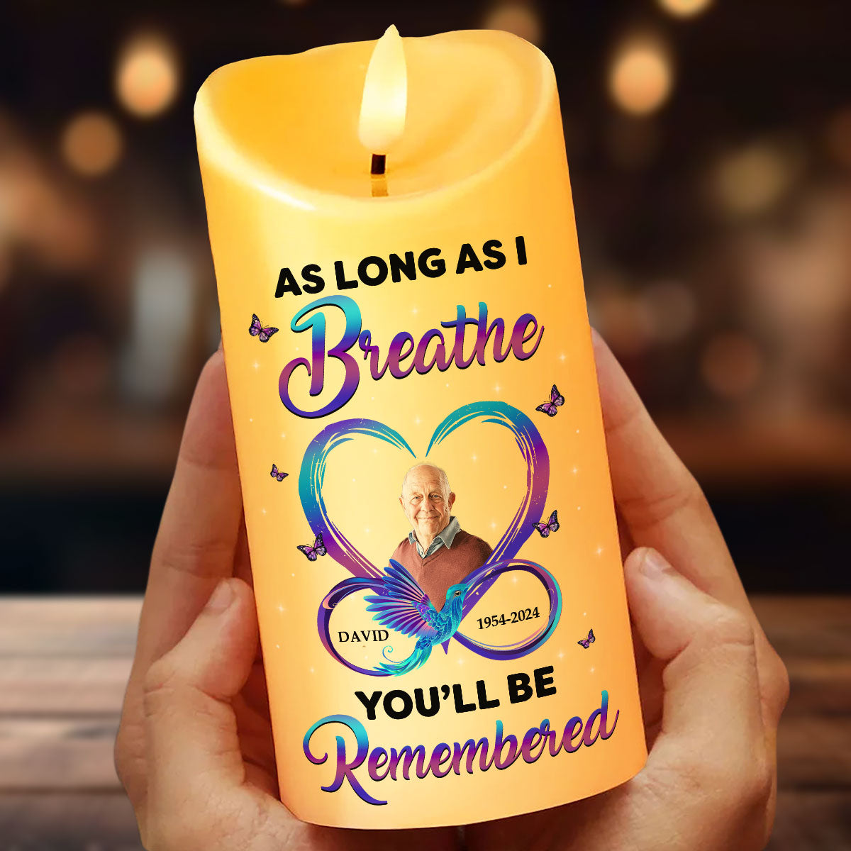 As Long As I Breathe You'll Be Remembered Personalized Flameless LED Candle, Christmas Gift, Sympathy Gift For Family Members
