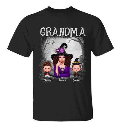 Halloween Black And White Forest Grandma With Grandkids Personalized Shirt
