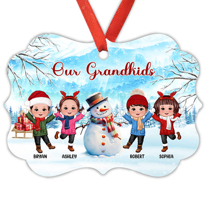Happy Doll Kids Playing In Snow With Snowman Personalized Christmas Ornament