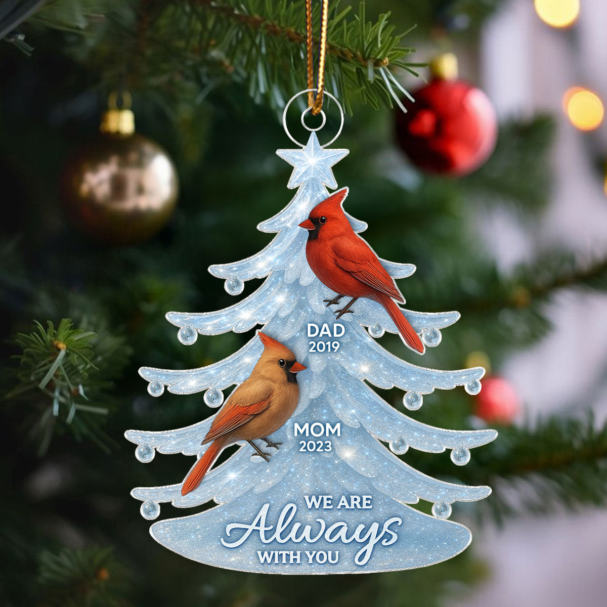 Crystal Christmas Tree Cardinals 3D Effect Personalized Acrylic Ornament, Heartwarming Memorial Sympathy Gift