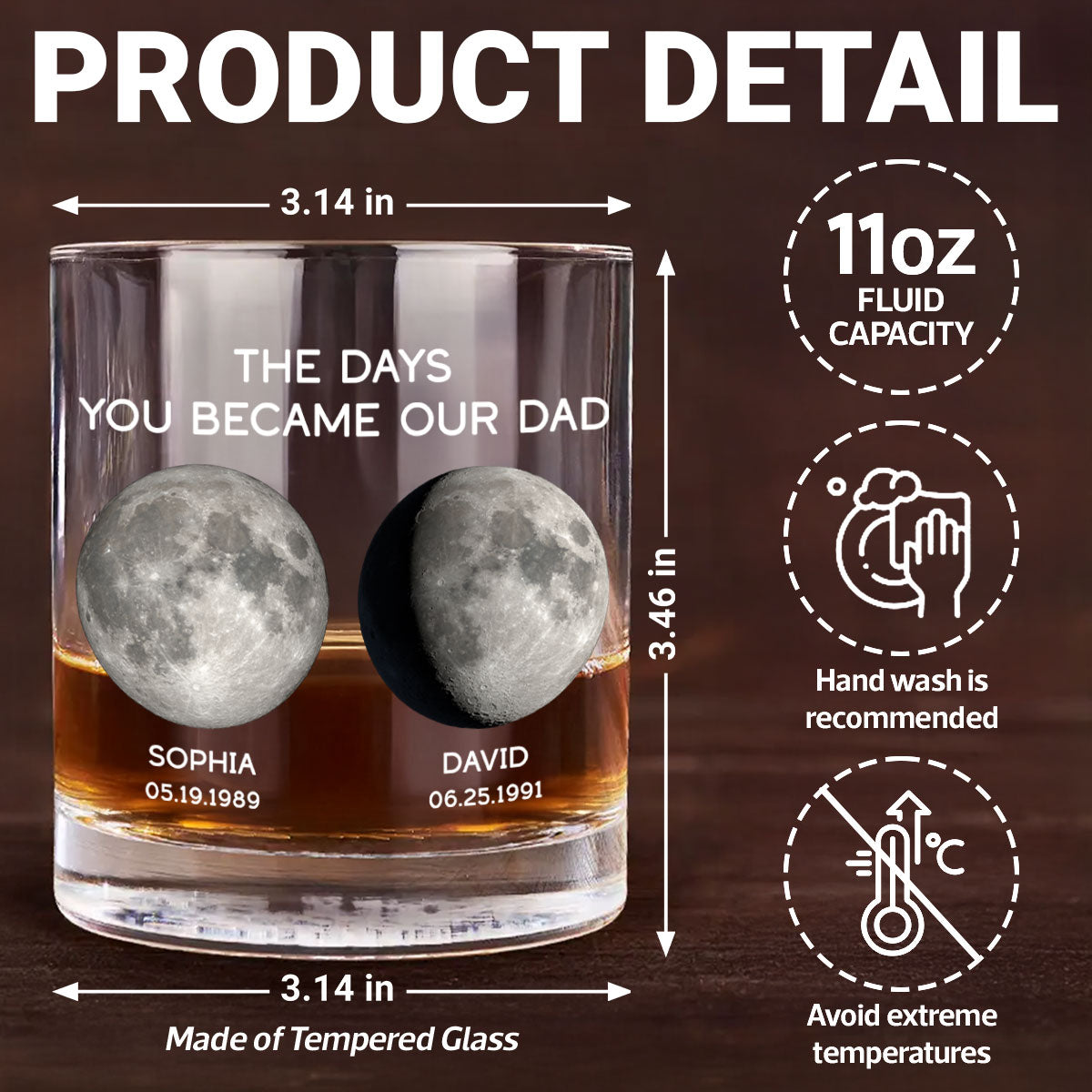 The Days You Became Our Dad Custom Birthday Moon Phase Personalized Whiskey Glass