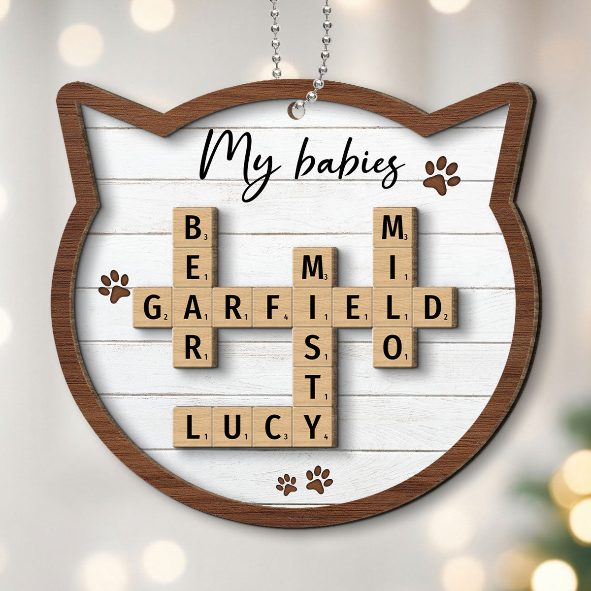 Cat Lover Gift Crossword Puzzle Art Personalized 2-Layer Wooden Ornament [Can add up to 20 cat names]