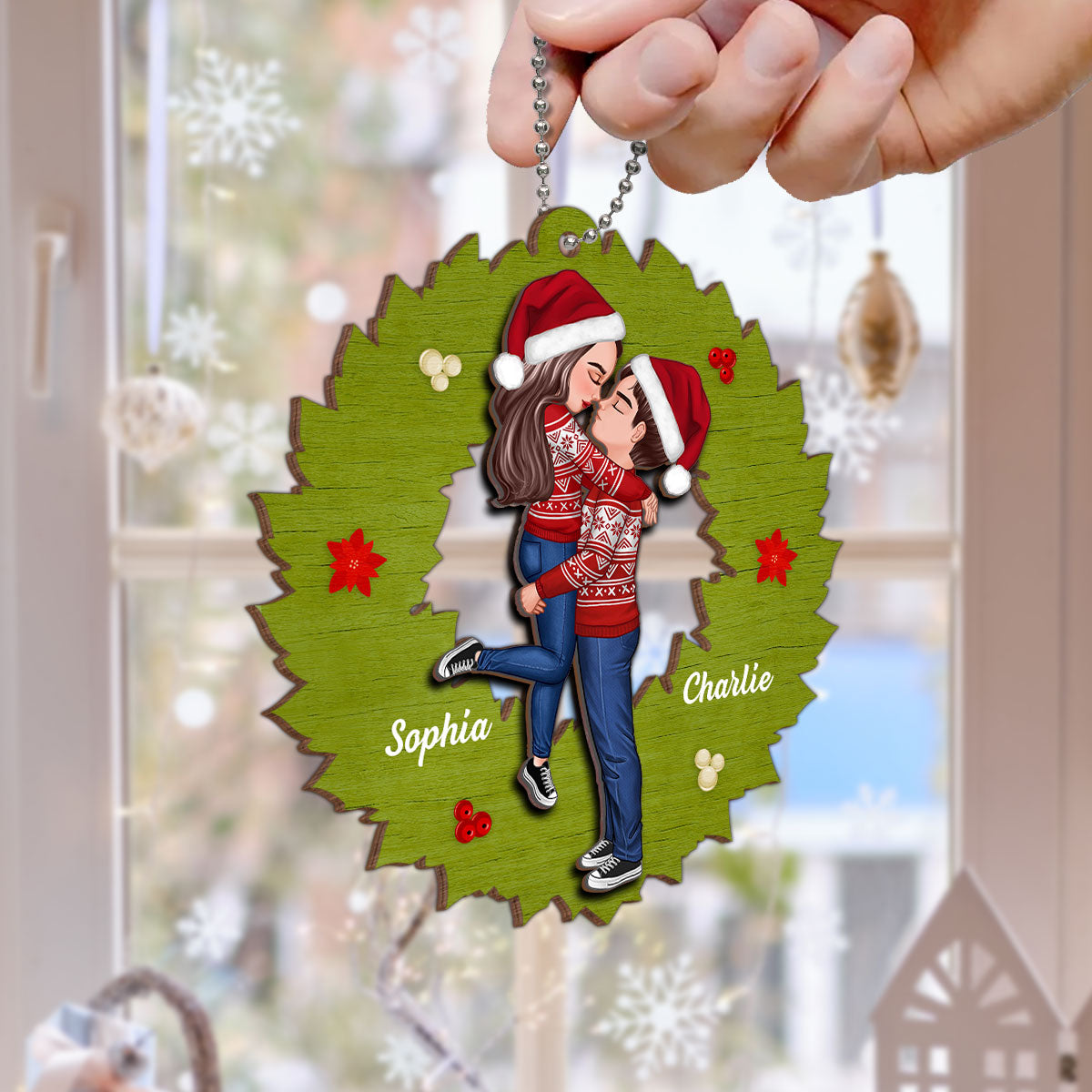 Wreath Christmas Couple Kissing Personalized 2-Layer Wooden Ornament