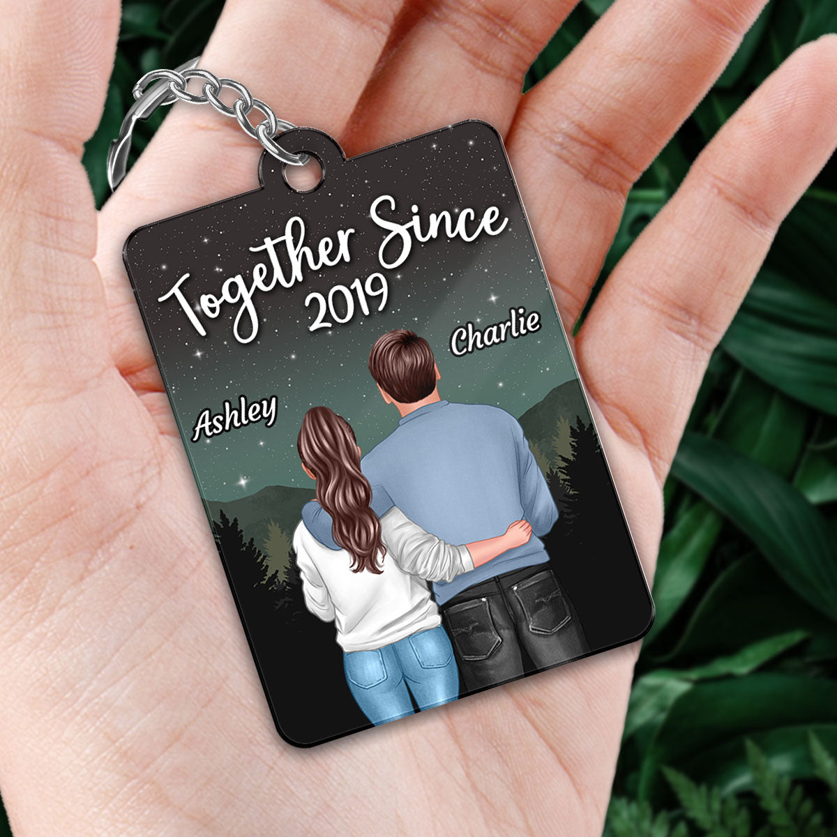 Galaxy Night Back View Couple Standing Hugging Favorite Song Scannable QR Code Personalized Acrylic Keychain