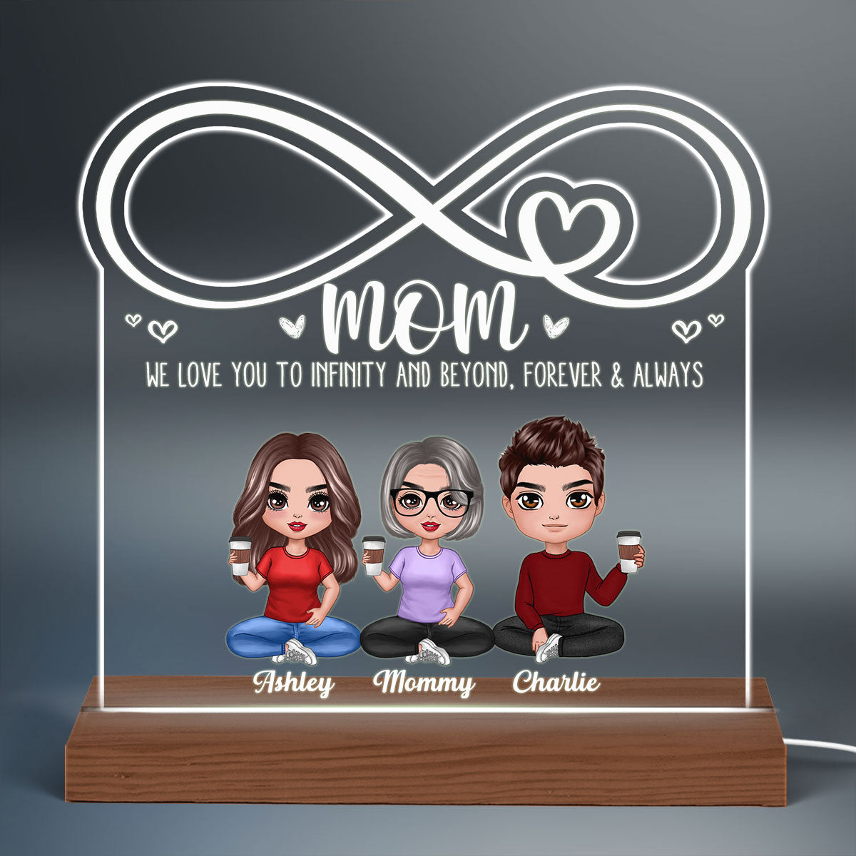 Mom We Love You To Infinity Doll Mom & Children Daughter Son Sitting Personalized Custom Shaped Acrylic Plaque With LED Night Light