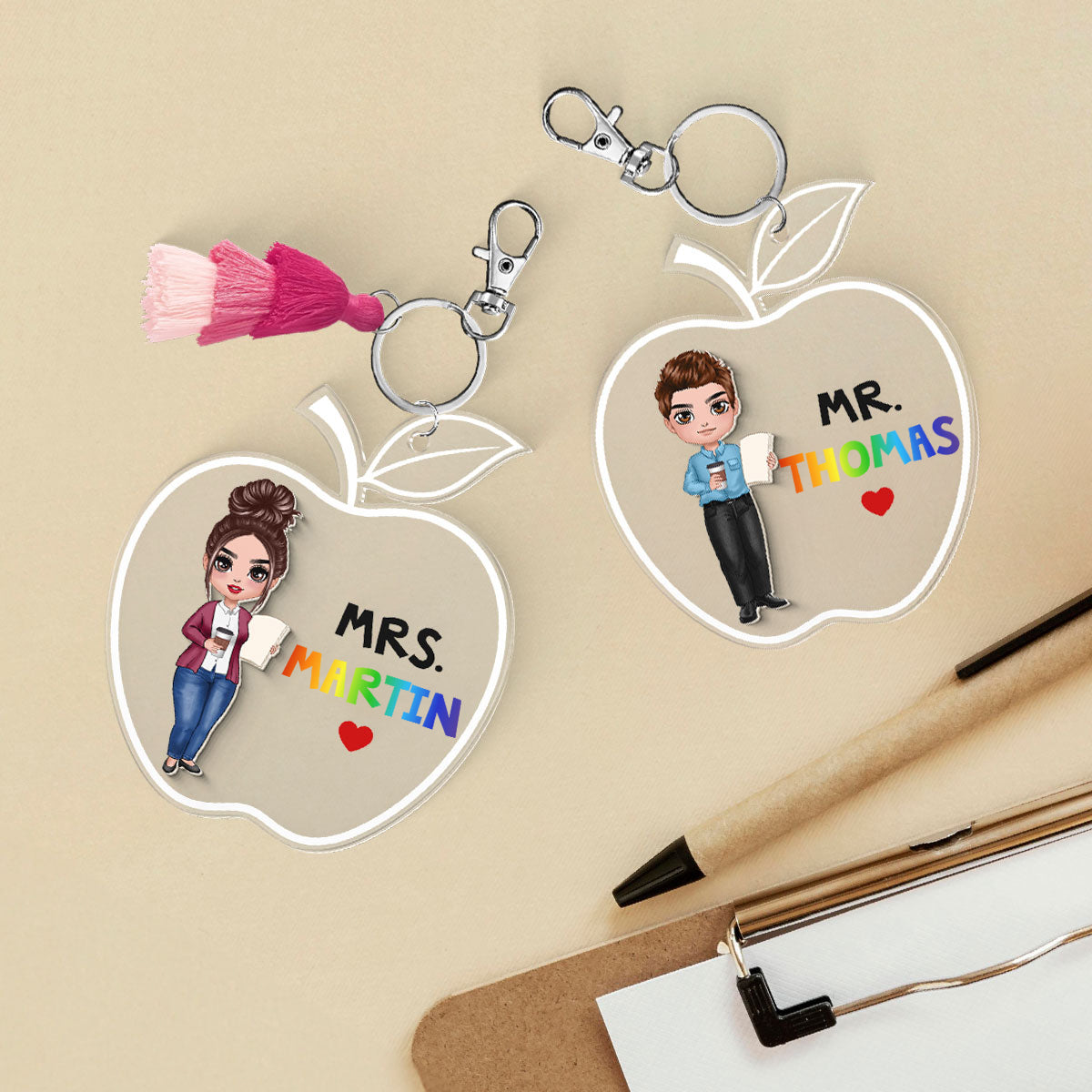 Doll Teacher Apple Shaped Personalized 2-Layer Acrylic Keychain