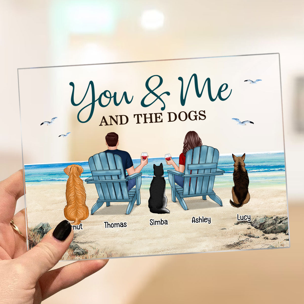 You Me & The Dogs Back View Couple Beach Landscape Personalized Acrylic Plaque