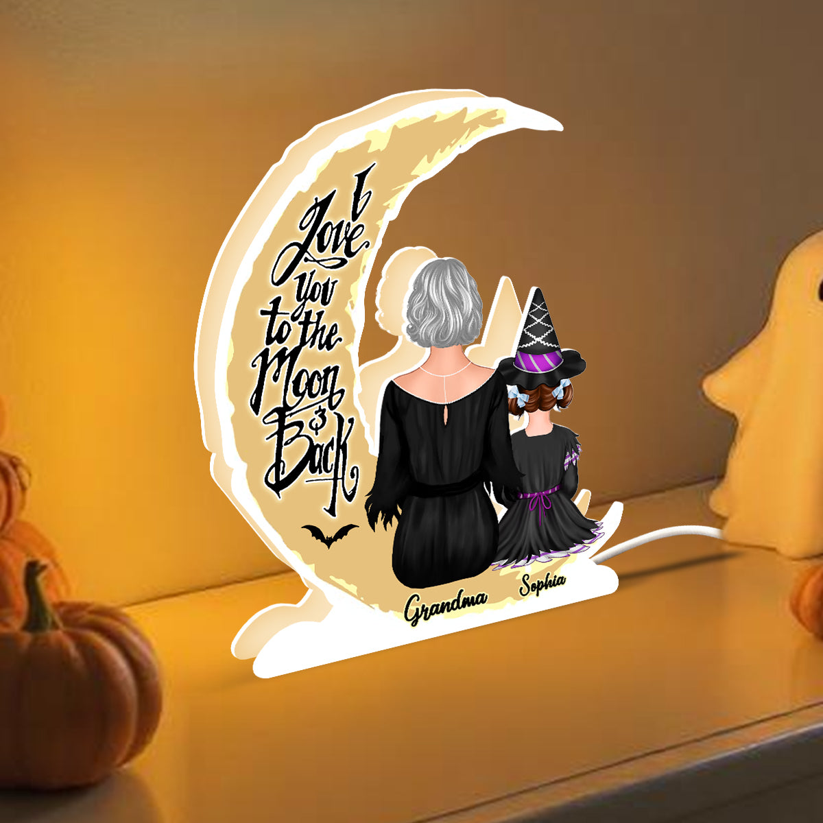 Grandma Grandkids On Moon Back View Halloween Personalized Light Box, Halloween Indoor Decor for Grandma