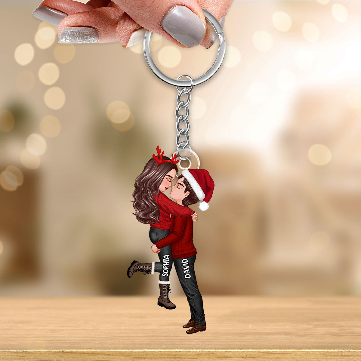 Winter Couple Hugging Kissing Personalized Acrylic Keychain