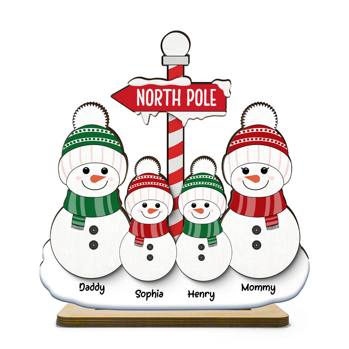 North Pole Snowman Family Christmas Personalized 2-Layer Standing Wooden Plaque