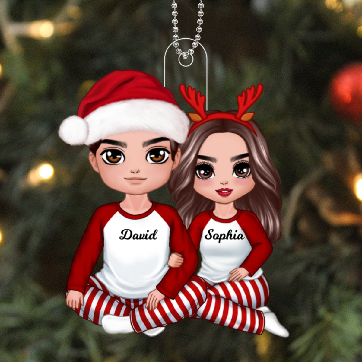 Christmas Doll Couple Sitting Hugging Personalized Acrylic Ornament