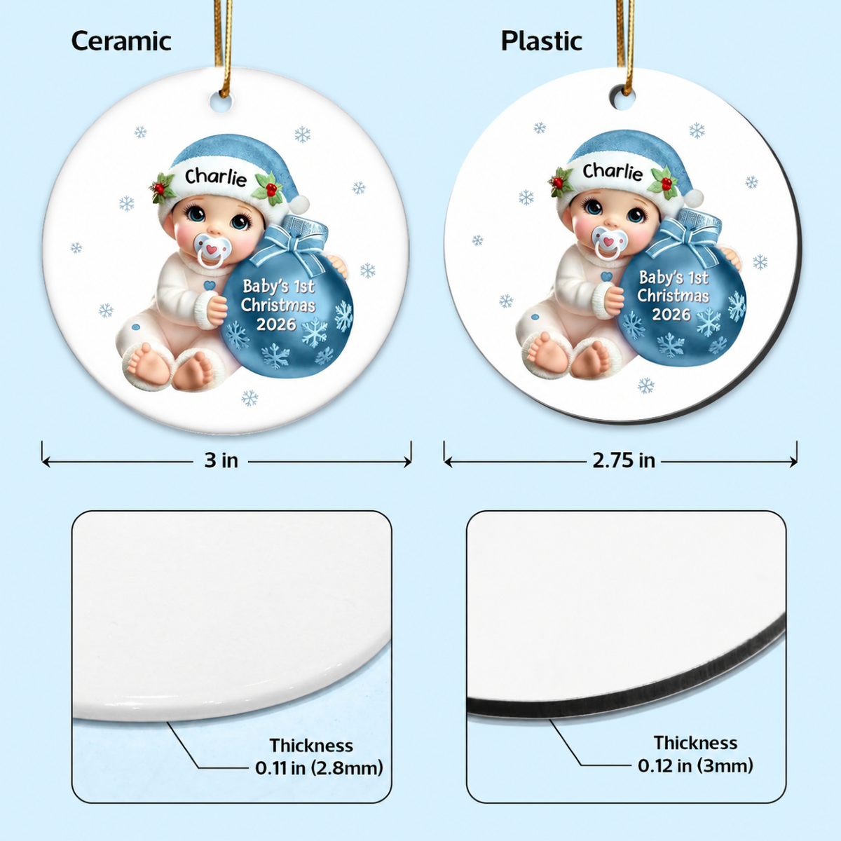 Baby Beside Christmas Bauble Baby's First Christmas Personalized Flat Ceramic Ornament