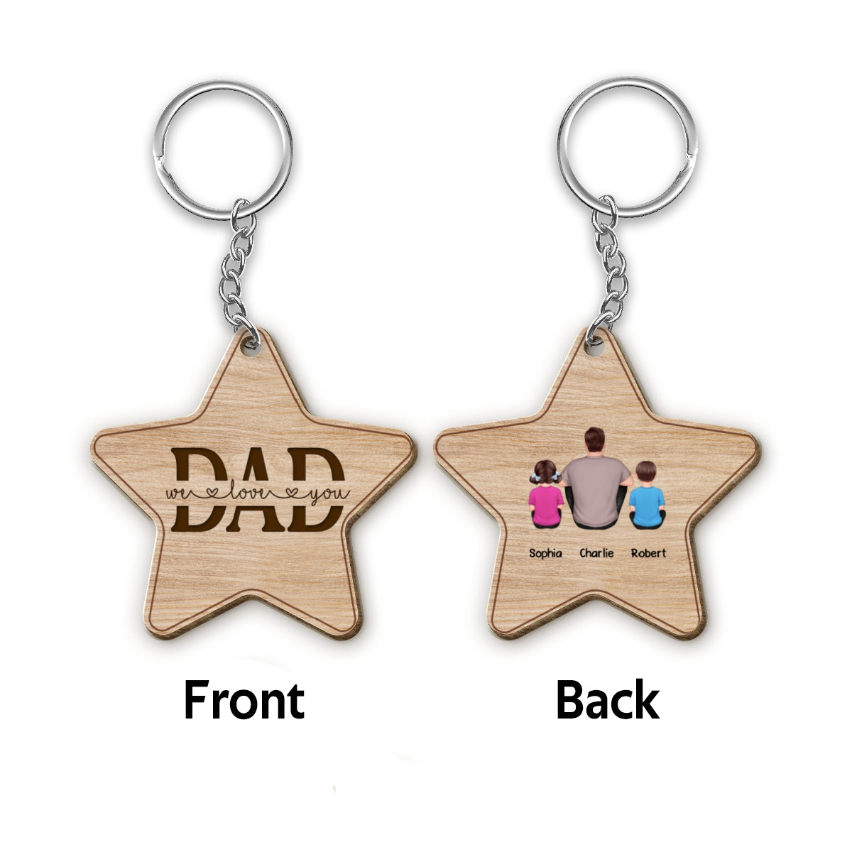 Best Dad Ever Back View Man Kids Dog Cat Personalized Star Shaped Wooden Keychain