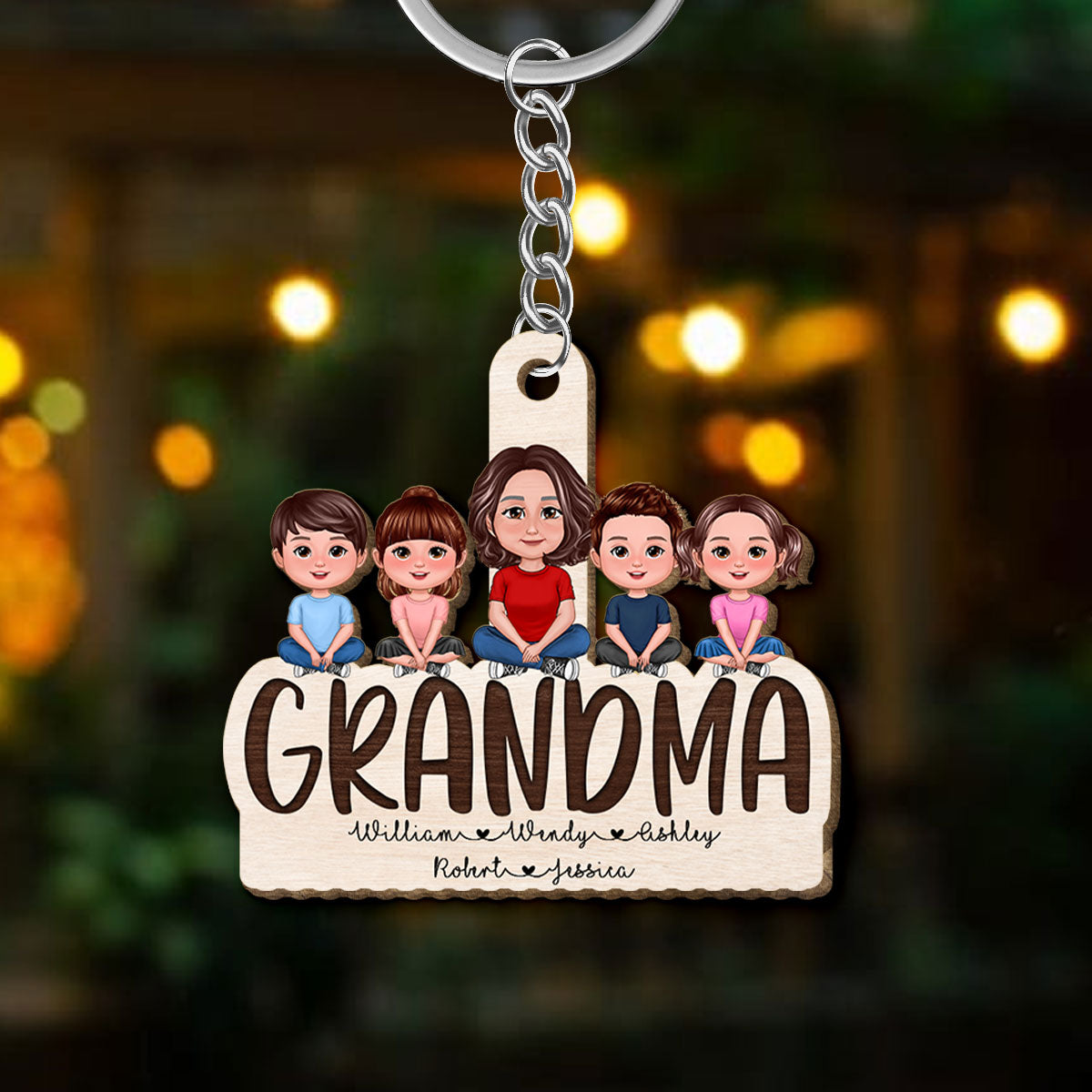 Grandma Grandkids Sitting On Text Personalized Wooden Keychain