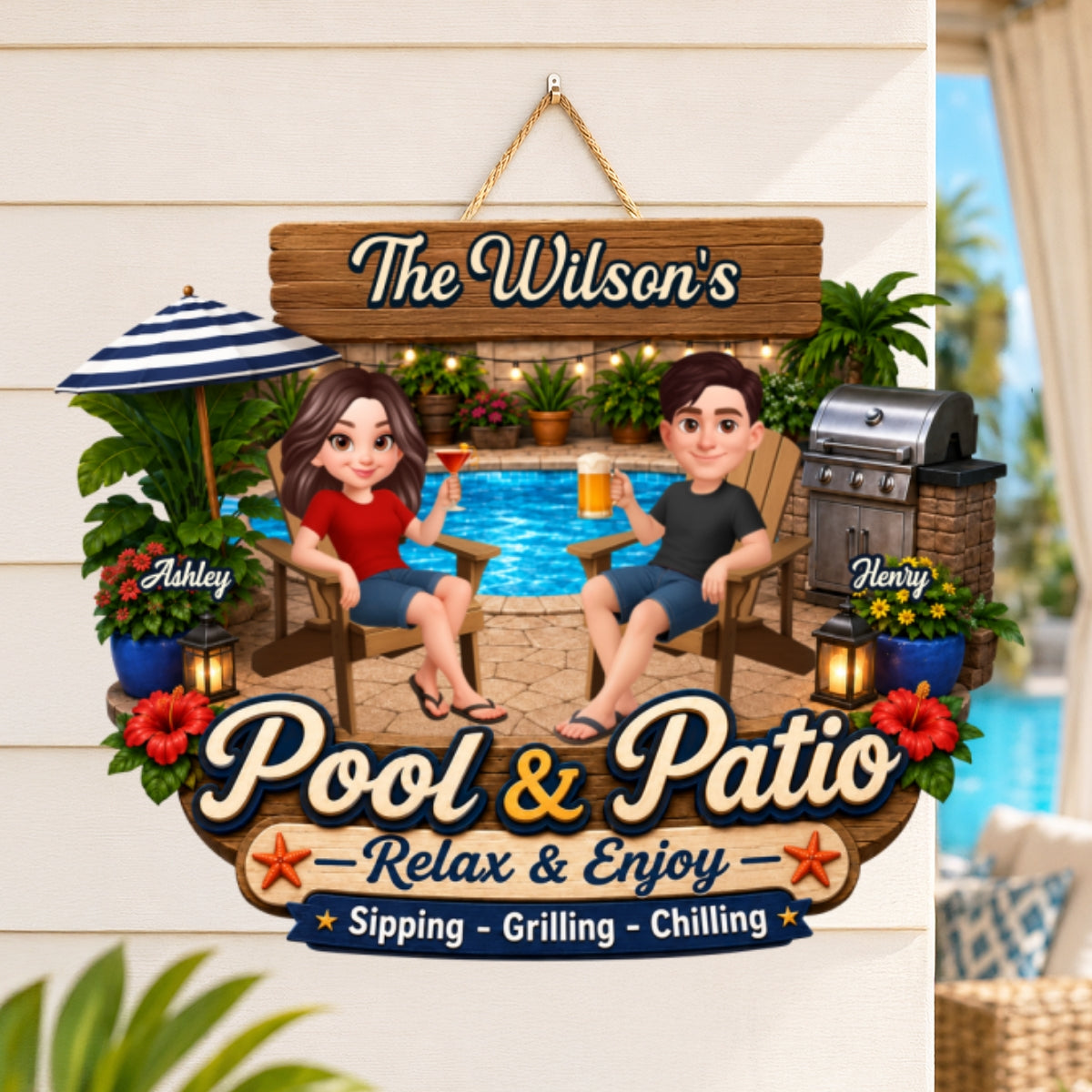 Welcome To Our Pool & Patio - Personalized Wood Sign - Gift For Couple, Summer Outdoor Patio Pool Decoration