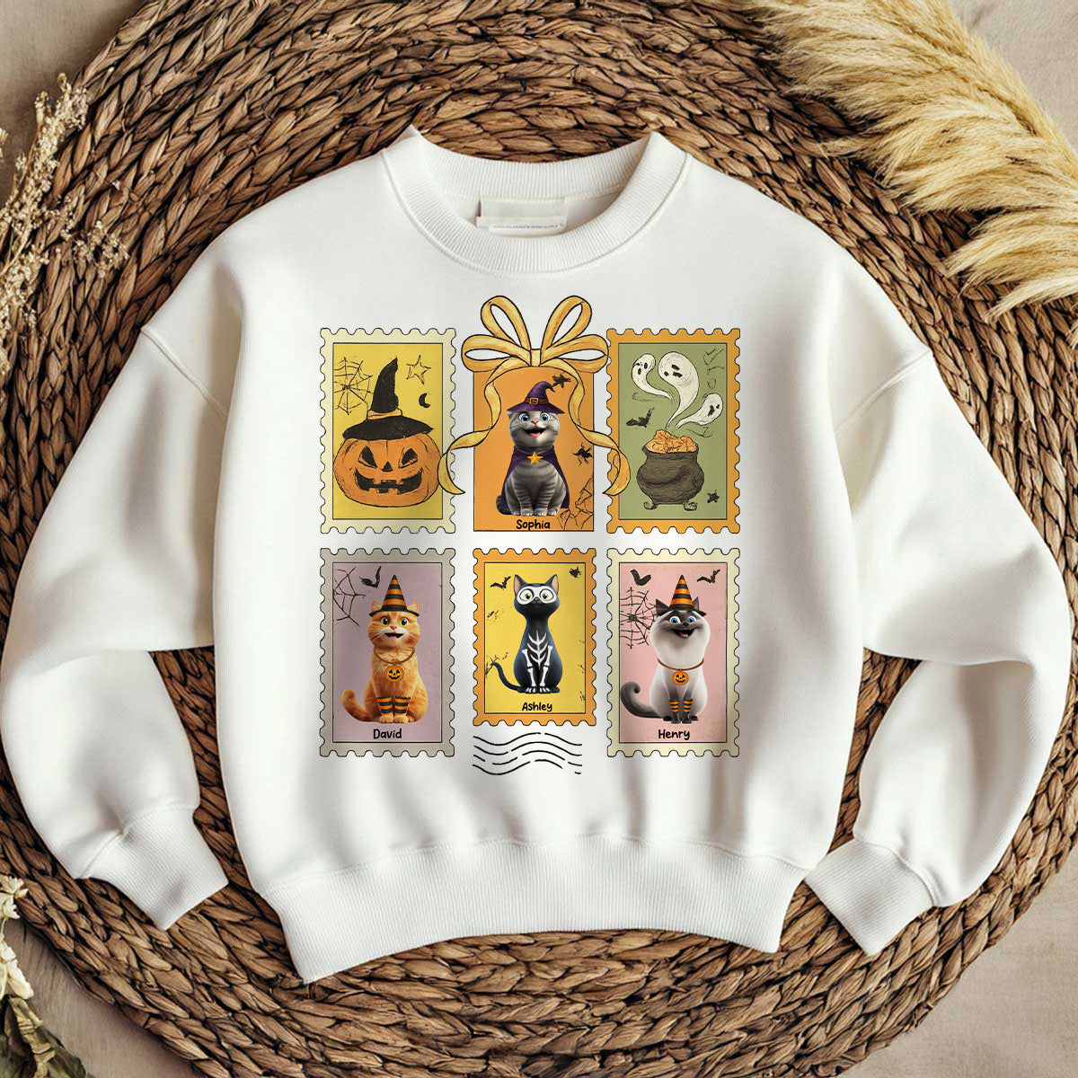 Cute Cats Retro Halloween Postage Stamp Sweatshirt – Cute & Spooky Fall Personalized Sweatshirt