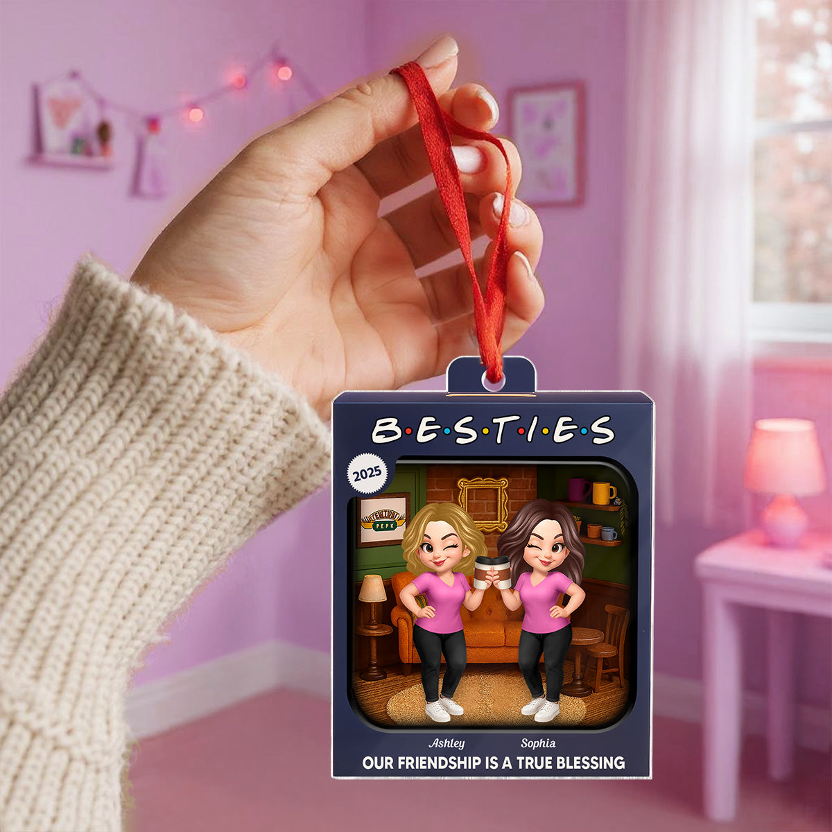 Besties Forever Yellow Plaid Toy Box Style - Personalized Acrylic Ornament - Christmas Gift For Best Friends