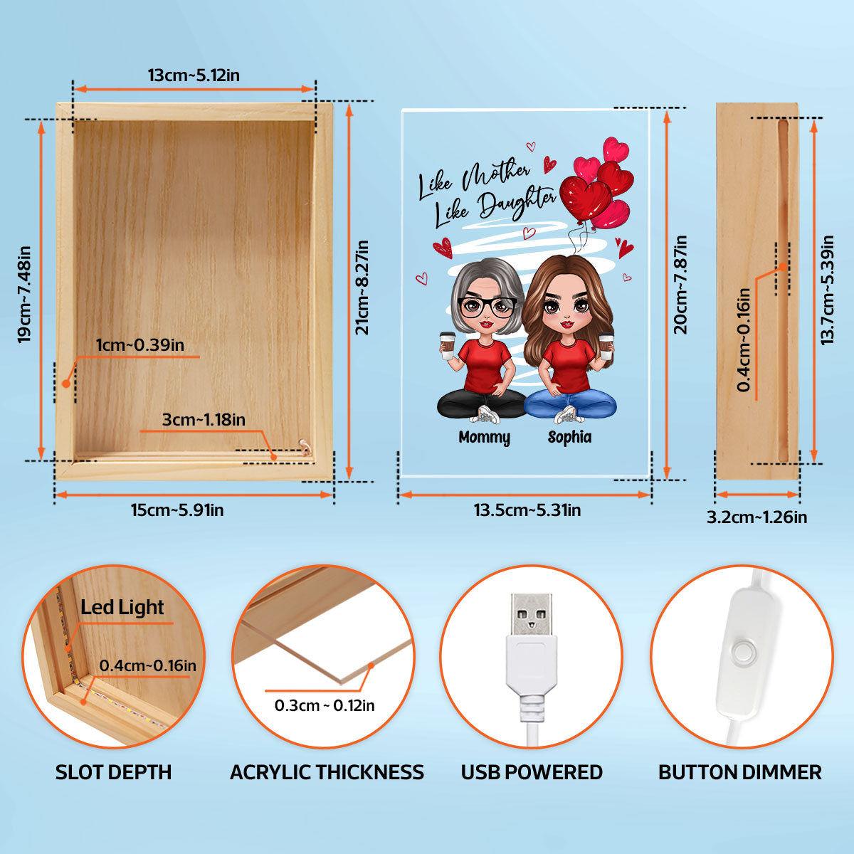 Red Hearts Like Mother Like Daughters Doll Mom And Daughters Sitting Personalized Wooden Frame Light Box