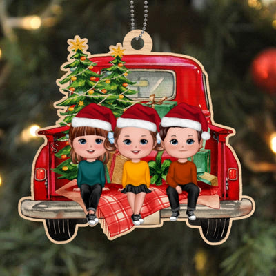 Kids On Red Truck Christmas Personalized Wooden Ornament