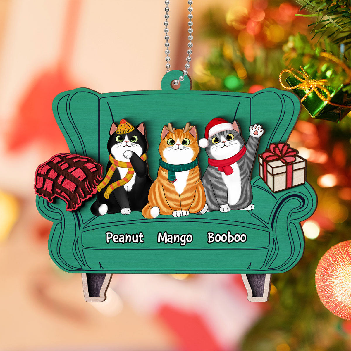 Christmas Cats On Sofa Personalized 2-Layer Wooden Ornament