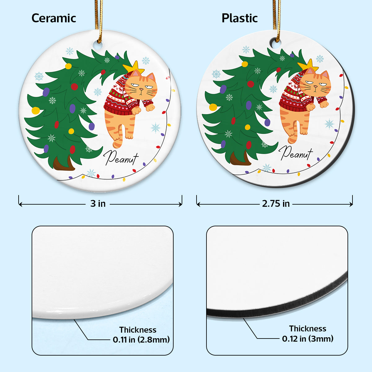 Naughty Cat Hanging On Christmas Tree Personalized Ceramic Ornament, Gift For Cat Lover