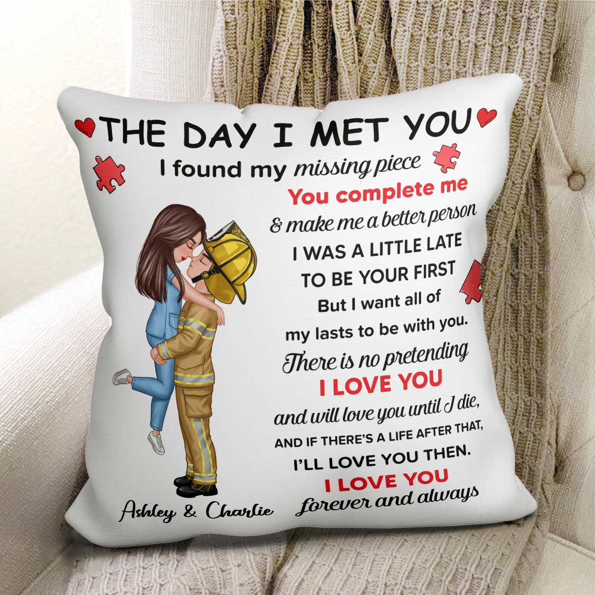Found My Missing Piece Couple Hugging Kissing Gift by Occupation Gift For Her Gift For Him Firefighter, Nurse, Police Officer Personalized Pillow