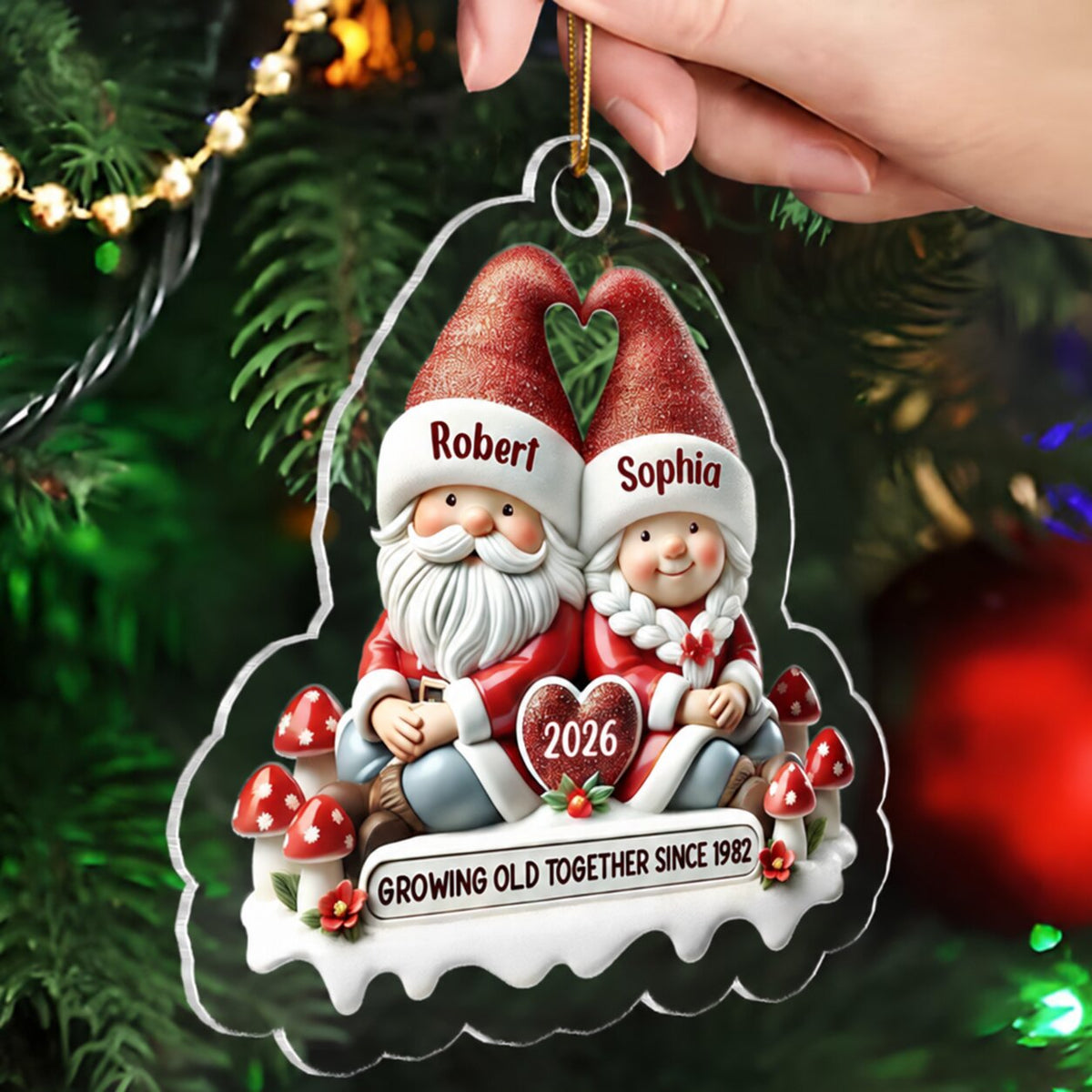 3D Effect Gnome Couple - Personalized Acrylic Ornament - Gift for Him, Gift for Her