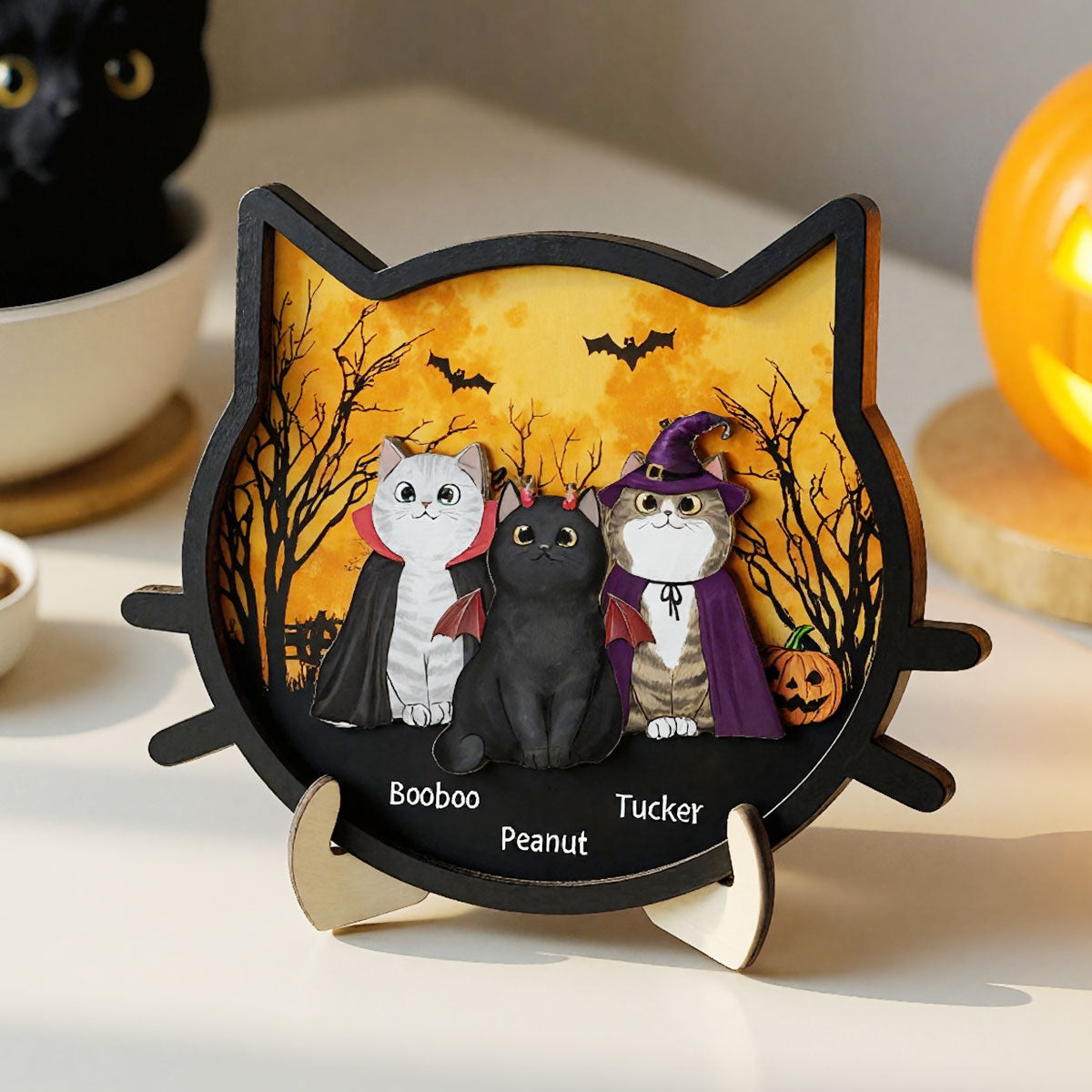 Spooky Halloween Theme Cat Face Personalized 2-Layer Wooden Plaque