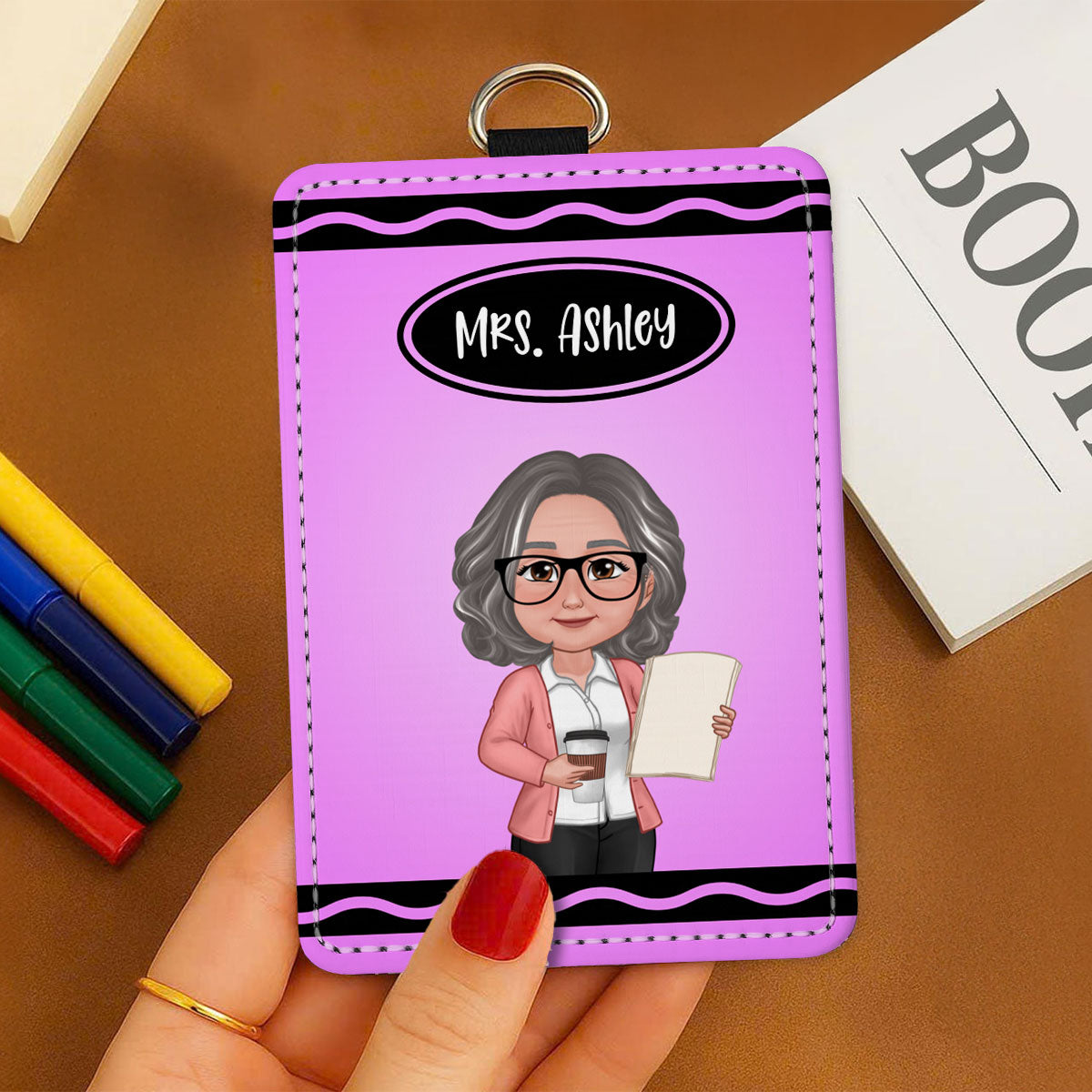 Crayon Themed Teacher Name Personalized ID Badge Holder, Back To School Gift