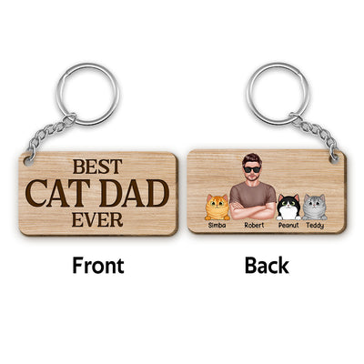 Best Cat Dad Ever Man & Fluffy Cats Personalized Wooden Keychain