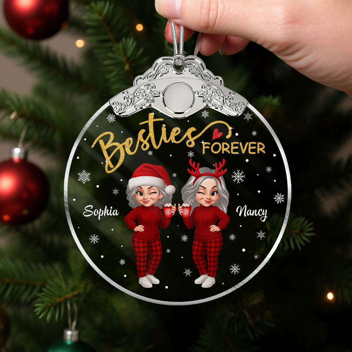 Christmas Pretty Besties Forever Together - Personalized Glass Ornament With Silver Cap