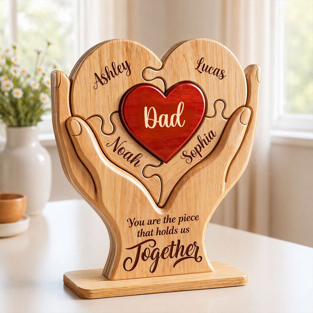 Dad The Piece That Holds Us Together - Personalized 2-Layered Wooden Plaque -  Gift for Dad, Husband