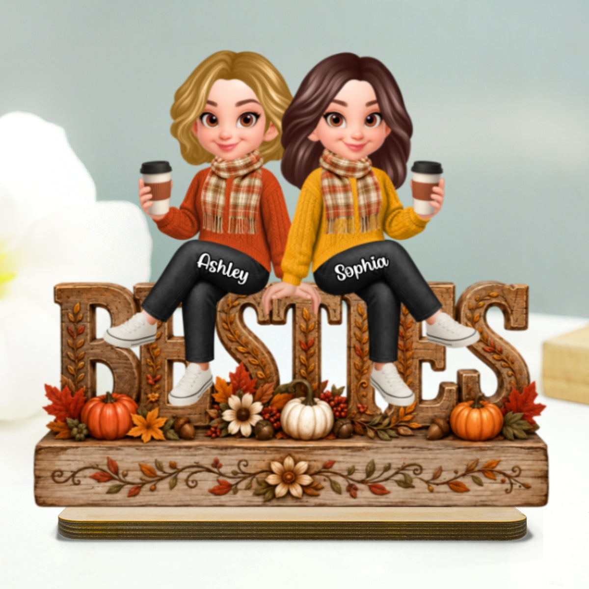 Floral Fall Season Besties Forever Friends Forever - Personalized 2-Layered Wooden Plaque - Fall Gift For Best Friends
