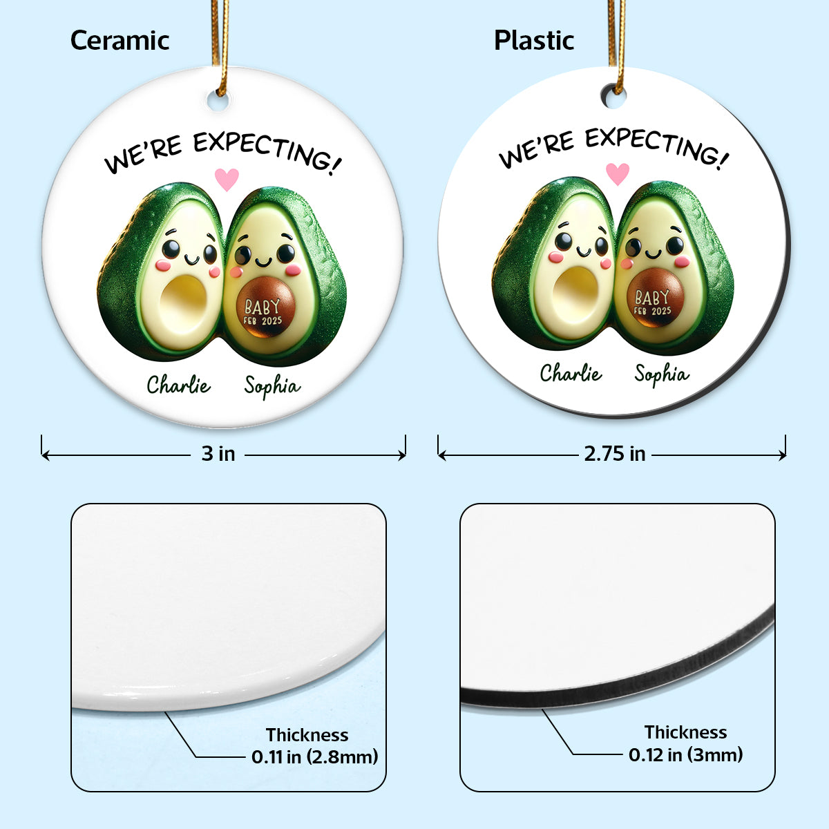 Avocado Couple Expecting Parents Pregnancy Announcement 3D Effect Keepsake Personalized Ceramic Flat Ornament