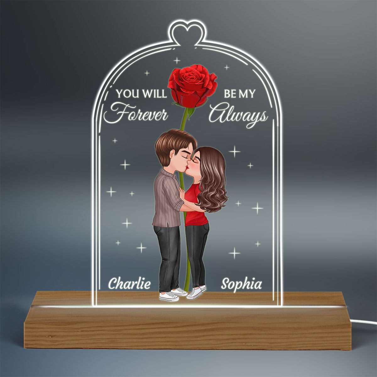 Doll Couple Kissing Rose Personalized Jar Shaped Acrylic Plaque With LED Night Light