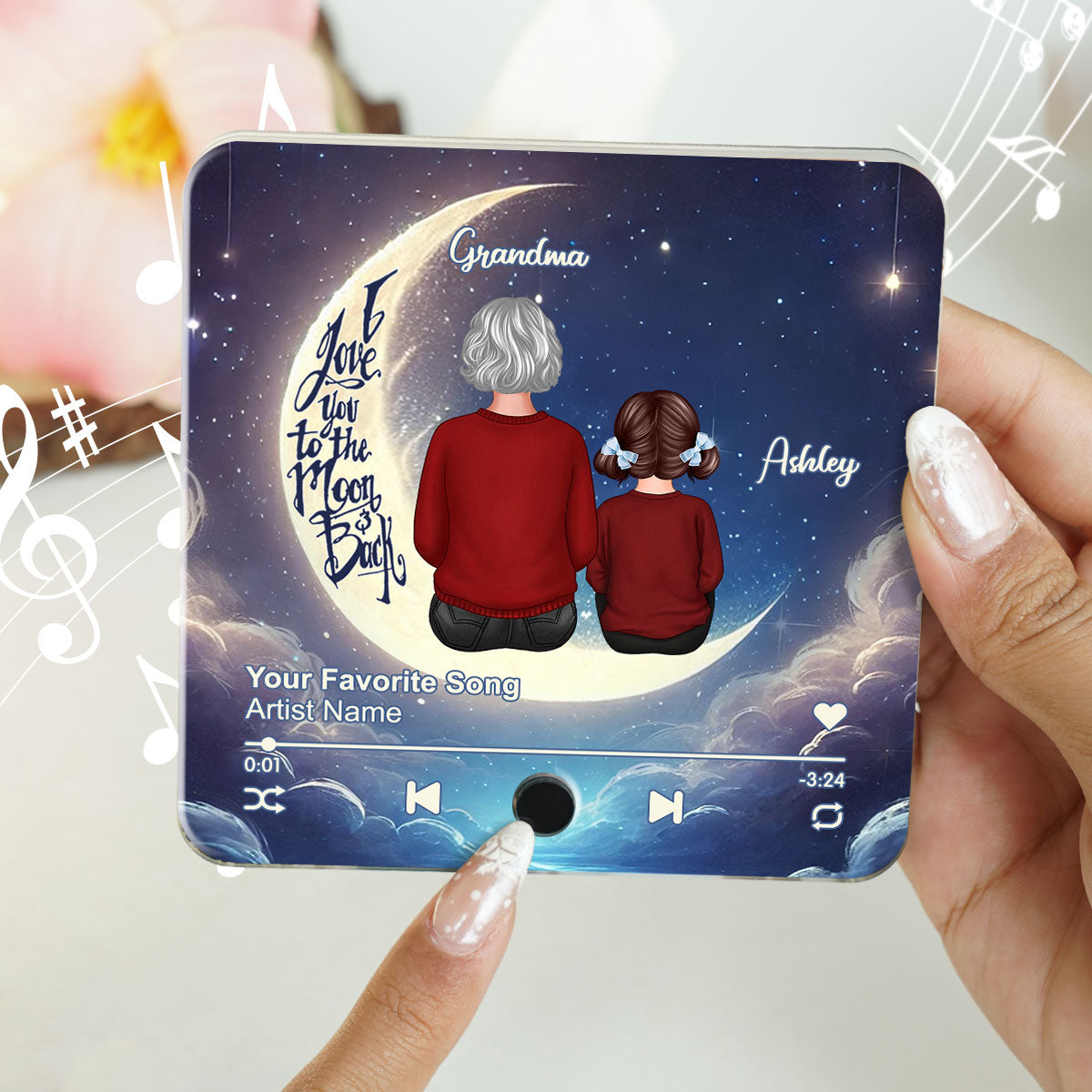 Grandma & Grandkids Sitting On The Moon Personalized Music Fridge Magnet, Perfect 2025 Gift For Mom For Grandma