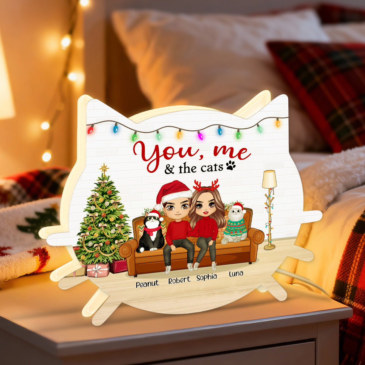 Christmas Couple You And Me And The Cats - Personalized Light Box - Gift For Cat Lovers