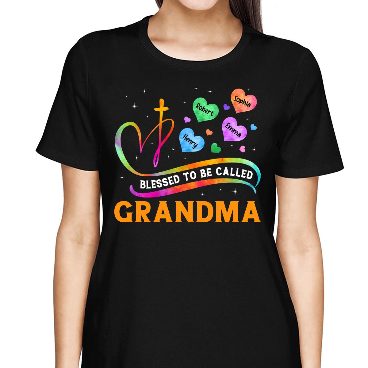 Blessed To Called Grandma Grandkids Colorful Heart Cross Personalized Shirt