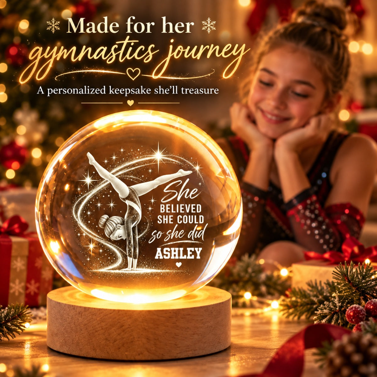 Beautiful Gymnastic Girl She Believed She Could So She Did - Personalized Crystal Ball LED Night Light - Christmas Gift For Gymnastic Girl, Gymnast, Daughter, Granddaughter