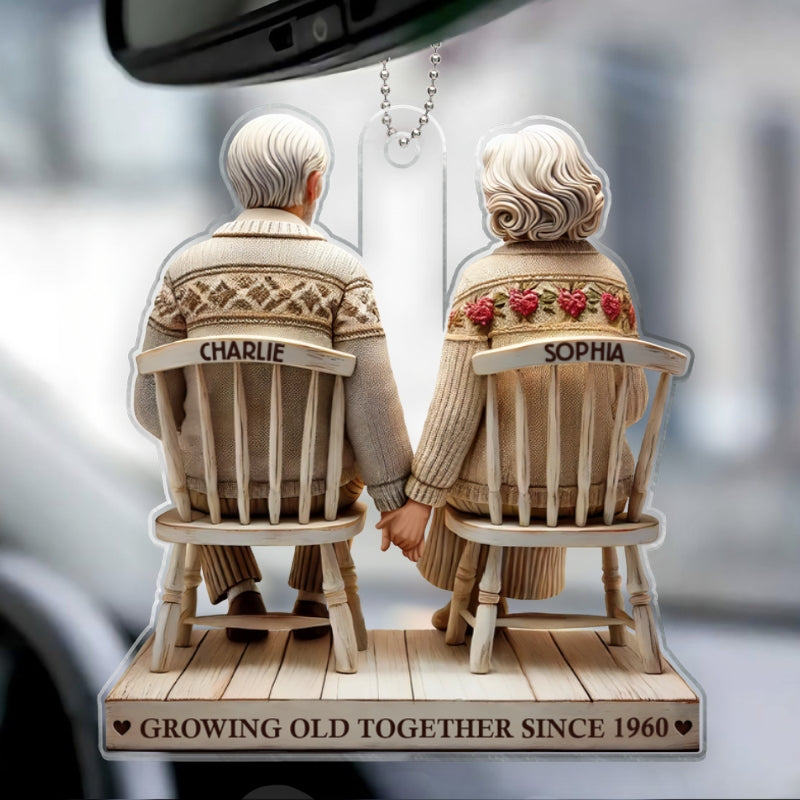 3D Effect Couple Sitting Holding Hands Growing Old Together Personalized Acrylic Car Hanger Ornament, Heartfelt  Gift For Couple, For Him, For Her, Husband, Wife