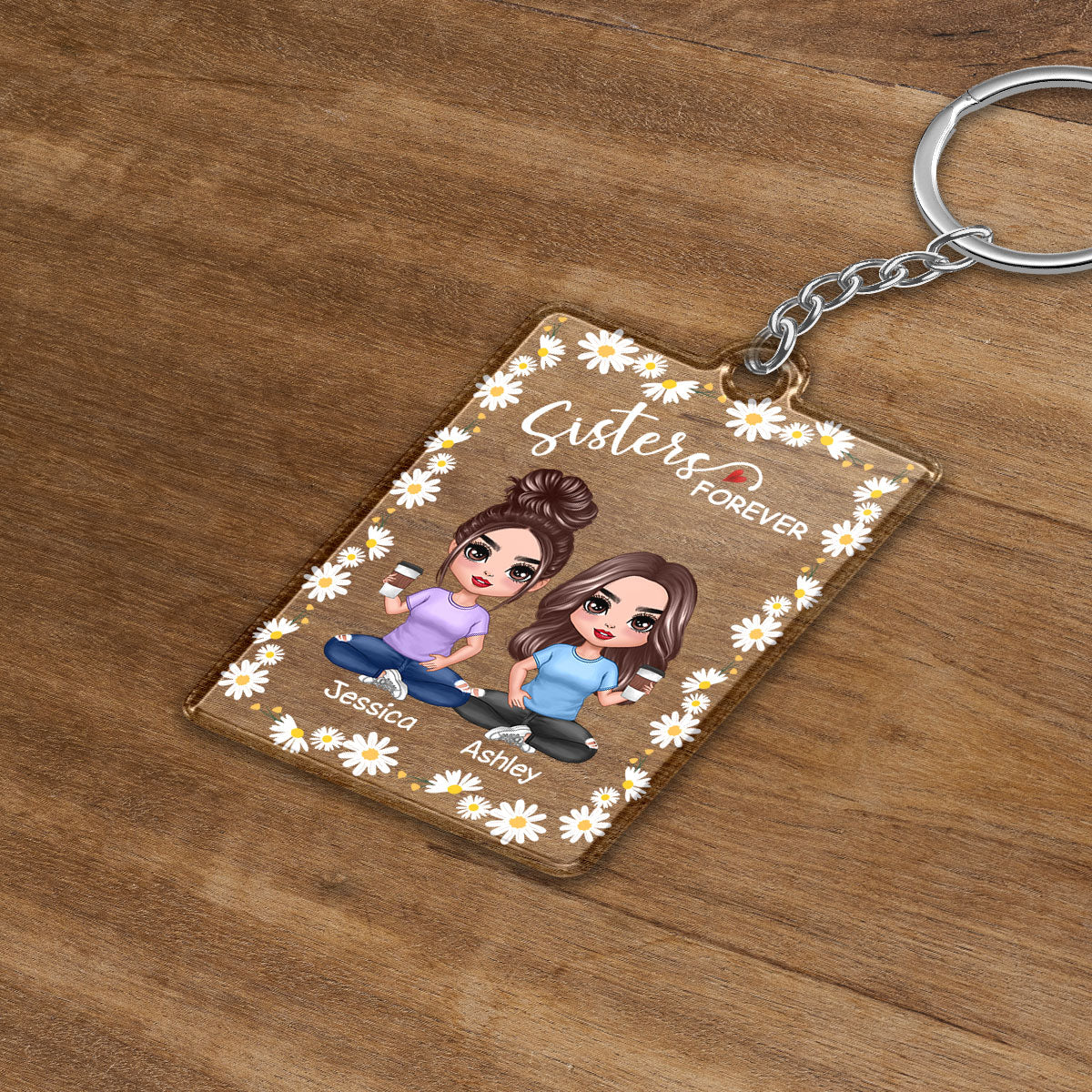 Daisy Flower Frame Doll Besties Sisters Sitting Personalized Acrylic Keychain