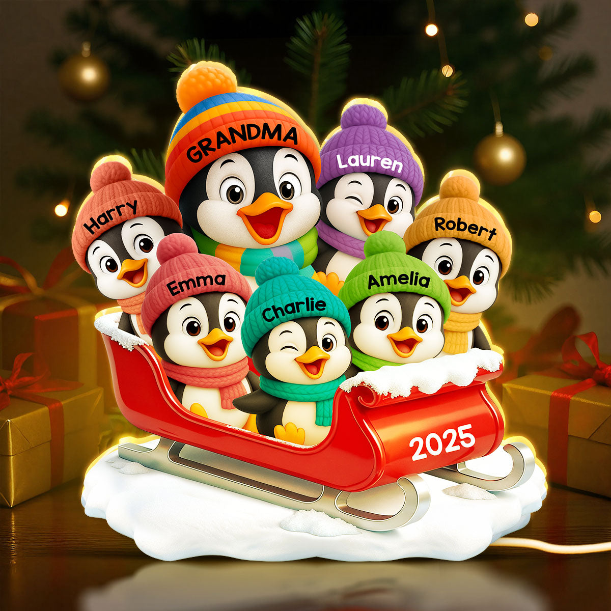 3D Effect Cute Grandma Grandkids Penguin On Sleigh - Personalized Light Box