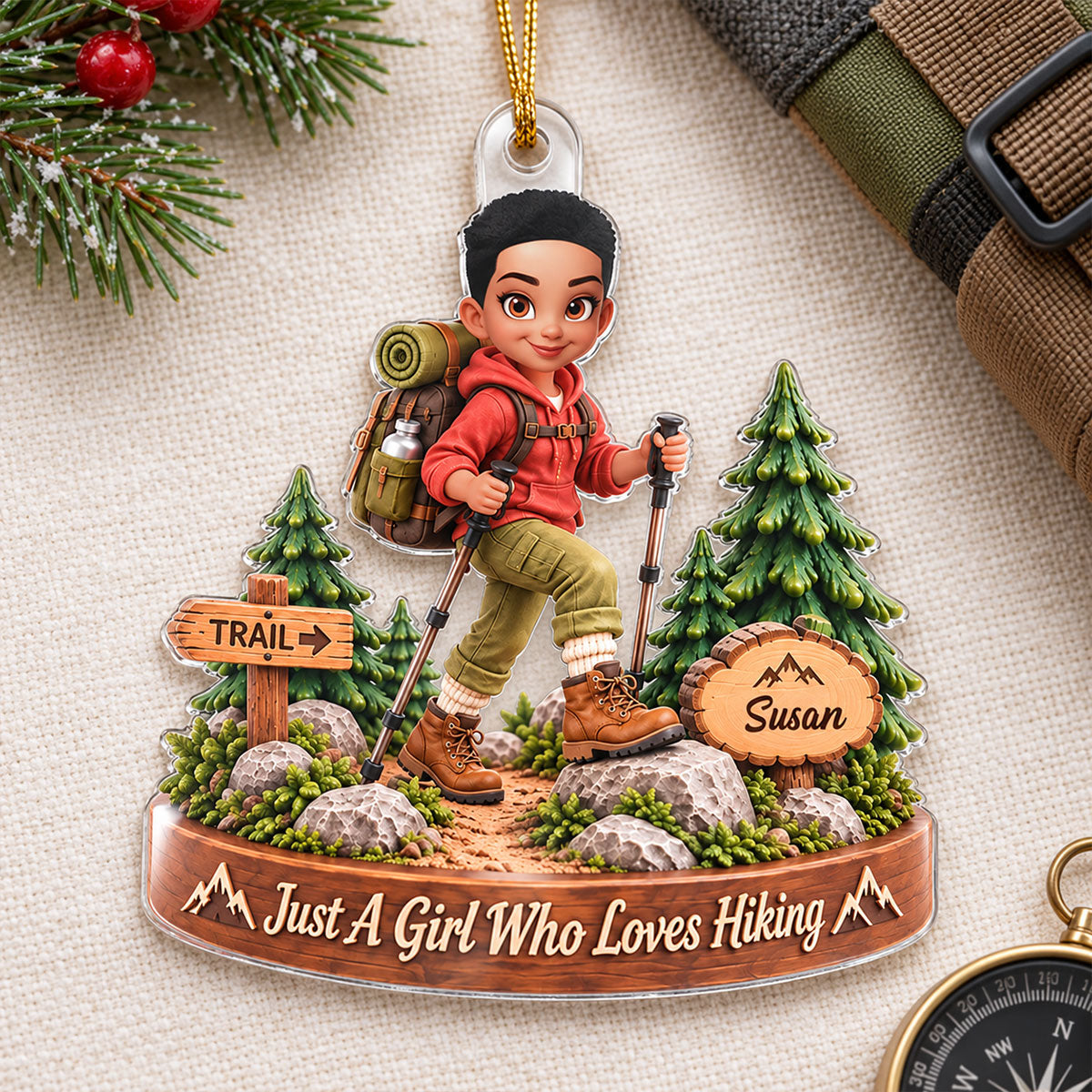 Just a Girl Who Loves Hiking - Personalized Acrylic Ornament - Christmas Gift for Daughter, Granddaughter