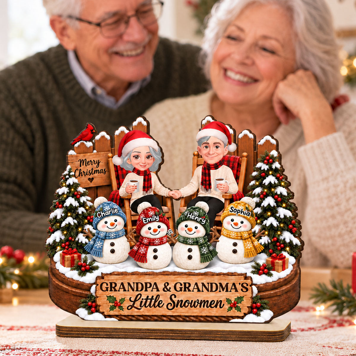 Grandpa & Grandma's Little Snowmen - Personalized 2-Layered Wooden Plaque - Christmas Gift For Grandparents